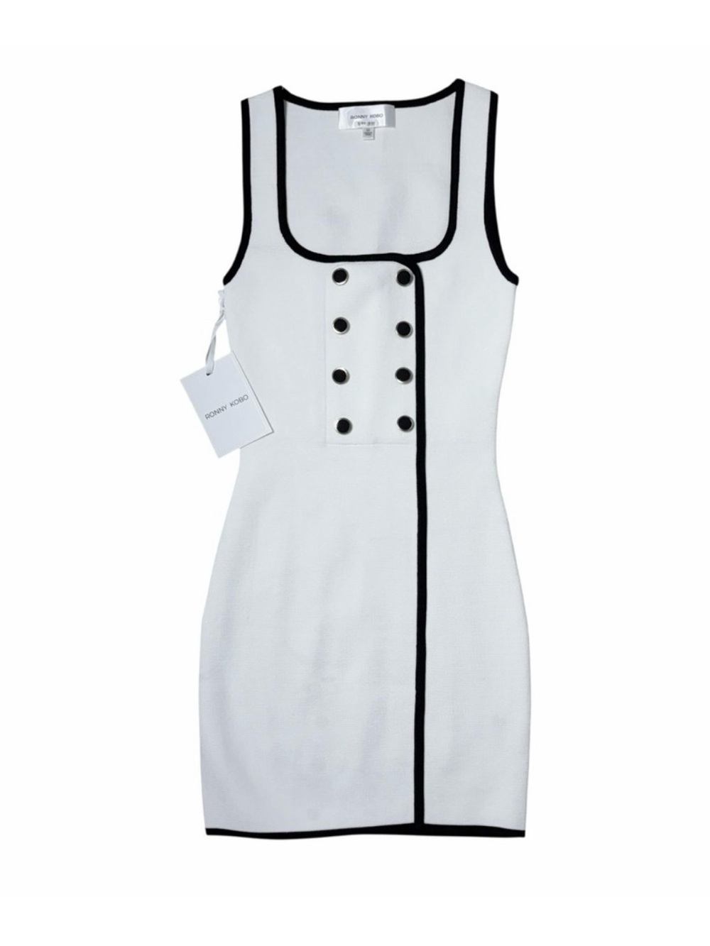 Ronny Kobo Collection White Sleeveless Sheath Dress with Black Trim